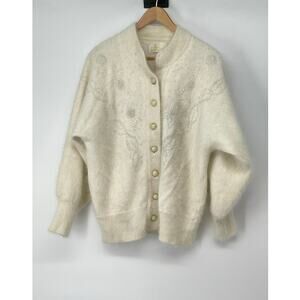 Vintage NINA AUSTIN Ivory Angora Blend Cardigan‎ Sweater Classic Grandmacore